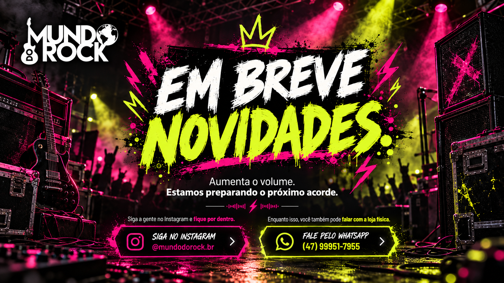 Mundo do Rock: em breve novidades, com cenário de palco de rock iluminado em rosa e amarelo.